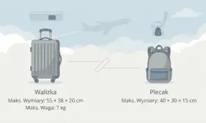 Jaki bagaż do samolotu? Porównanie walizki (55x38x20 cm, 7 kg) i plecaka (40x30x15 cm).