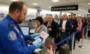 Funkcjonariusz TSA sprawdza paszporty i telefon w kolejce do odprawy. To typowa scena przy wjeździe do USA, gdzie obowiązuje deklaracja celna USA.