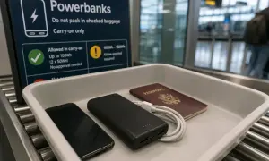 Na lotnisku, w tacce do kontroli bezpieczeństwa, leży czarny powerbank, telefon i paszport. Obok widoczna tablica informacyjna o zasadach przewozu powerbanków.