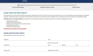 Formularz do utworzenia grupy wniosków. Wpisz dane kontaktowe osoby odpowiedzialnej za grupę, aby zarządzać wnioskami.
