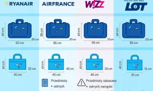 Porównanie wymiarów bagażu rejestrowanego Ryanair, Air France, Wizz Air i LOT.
