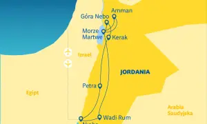Trasa wycieczki do Jordanii: Amman, Góra Nebo, Morze Martwe, Kerak, Petra, Wadi Rum, Akaba. Mapa pokazuje też Izrael, Egipt i Syrię.