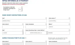 Formularz podróżny z polami do wpisania danych kontaktowych w USA, w tym adres, stan (Illinois) i numer telefonu. Wiza esta.