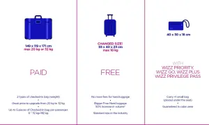 Tabela Wizzair: bagaż rejestrowany (płatny, duży), bagaż podręczny (bezpłatny, średni) i mała torba (bezpłatna z Wizz Priority).