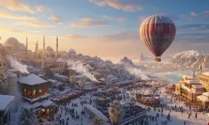 Zimowa sceneria w Turcji w styczniu: ośnieżone miasto z meczetami, targowisko i balon na gorące powietrze.