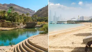 Oaza z palmami i górzystym krajobrazem po lewej, plaża z widokiem na miasto po prawej. Gdzie najcieplej w marcu? Tutaj!