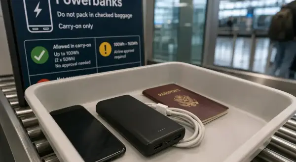 Na lotnisku, w tacce do kontroli bezpieczeństwa, leży czarny powerbank, telefon i paszport. Obok widoczna tablica informacyjna o zasadach przewozu powerbanków.