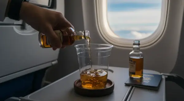 Na pokładzie samolotu można pić alkohol. Widać tu nalewanie whisky z małej buteleczki do szklanki, obok paszport i widok z okna.