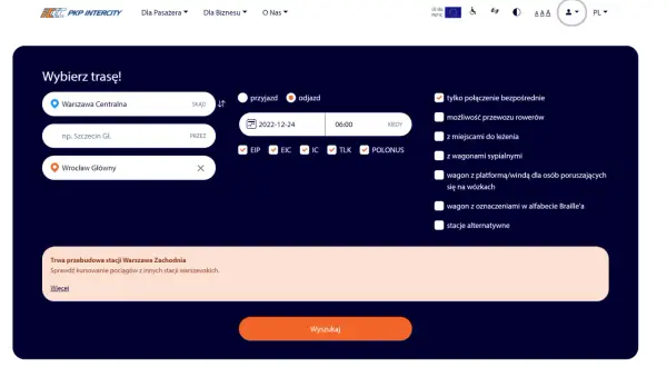 Strona PKP Intercity do wyszukiwania połączeń. Wpisz trasę, datę i godzinę, aby znaleźć najlepsze opcje, gdzie kupić bilet PKP online.