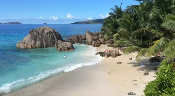 Rajska plaża na Seszelach, turkusowa woda, palmy i skały. Zastanawiasz się, ile się leci na Seszele, by poczuć ten spokój?