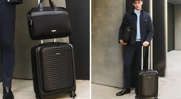 Elegancka, czarna walizka kabinowa i torba podróżna – idealny zestaw, jaka walizka do samolotu dla stylowego podróżnika.