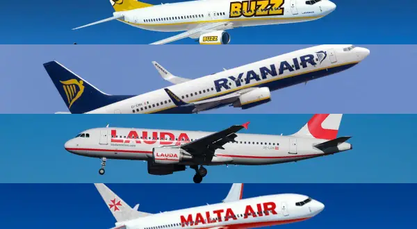 Samoloty linii Buzz, Ryanair, Lauda i Malta Air na tle nieba. Ryanair to tanie linie lotnicze, które oferują loty po Europie.