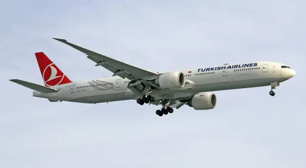 Samolot Turkish Airlines z wysuniętym podwoziem, gotowy do lądowania. W luku bagażowym czeka już bagaż pasażerów.