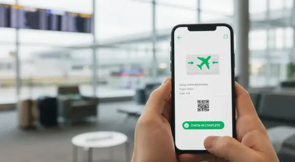 Ręka trzyma smartfon z potwierdzeniem odprawy online. Na ekranie widnieje imię i nazwisko, numer lotu, bramka oraz kod QR.