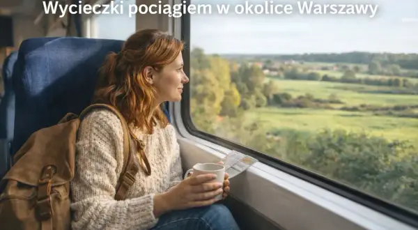 Kobieta z plecakiem i kubkiem w dłoniach patrzy przez okno pociągu. Idealny pomysł na weekendowe wycieczki pociągiem z Warszawy.