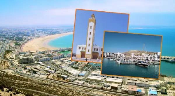 Widok na Agadir, Maroko. W tle meczet i port z łodziami. Zastanawiasz się, ile się leci do Maroko?