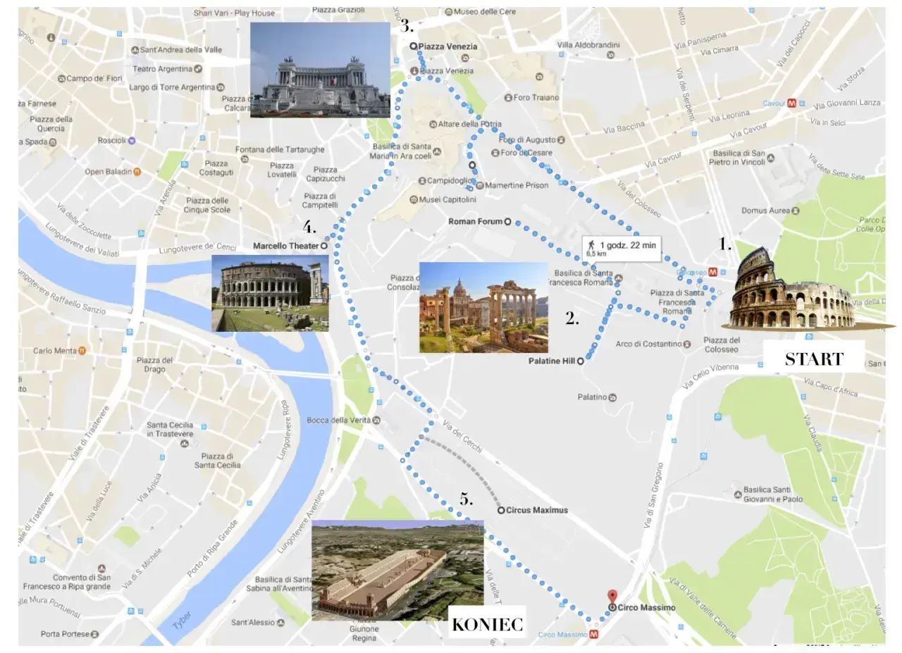 Trasa 4-dniowej wycieczki po Rzymie: Koloseum, Forum Romanum, Palatyn, Cyrk Maximus, Teatr Marcellusa.