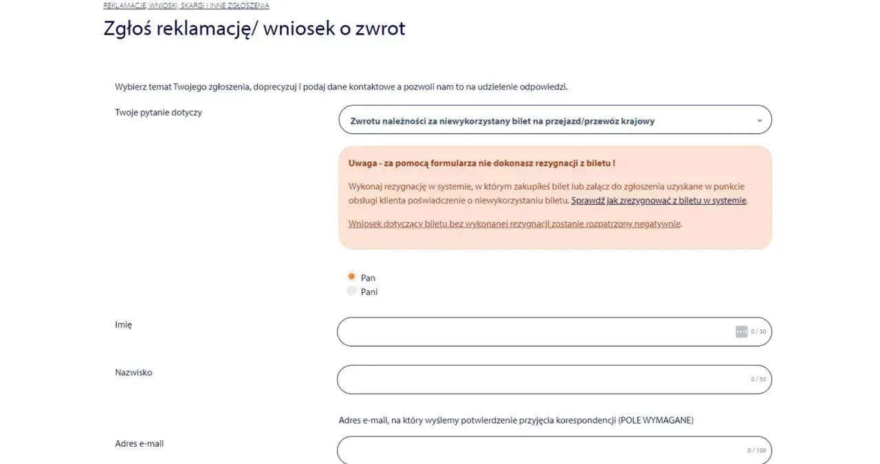 Formularz zgłoszenia reklamacji/wniosku o zwrot. Pytanie: czy można zwrócić bilet PKP Intercity.