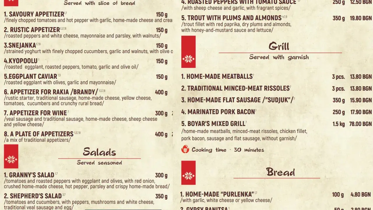 Menu z daniami i ich ceny w Bułgarii: sałatki, grillowane mięsa, przystawki.