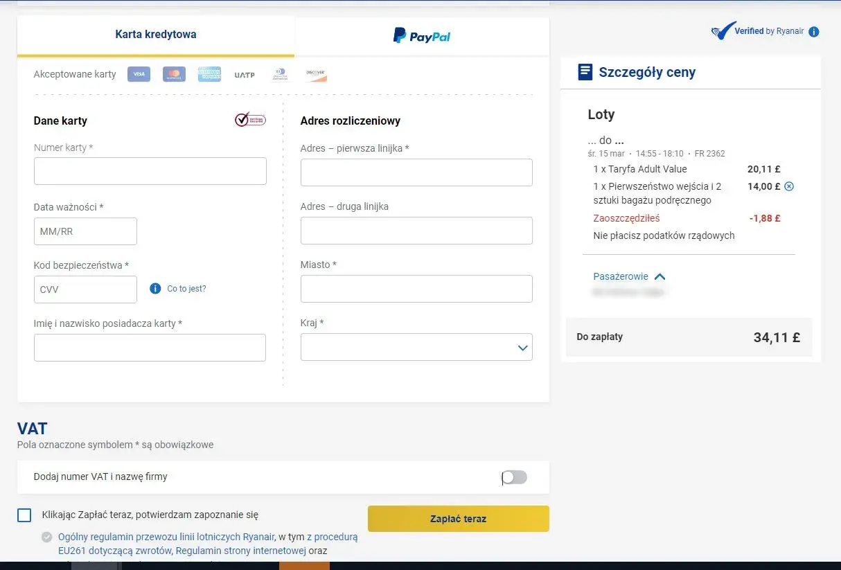 Formularz płatności Ryanair. Sprawdź, kiedy są najtańsze bilety lotnicze Ryanair, wpisując dane karty i adres.