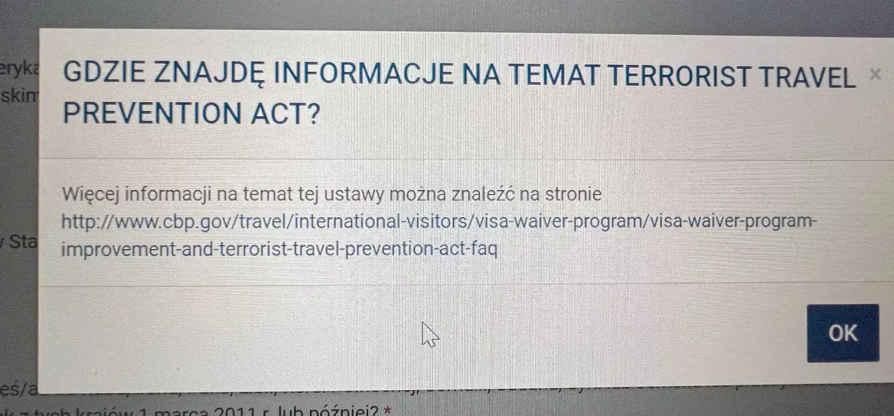Gdzie znajdę informacje na temat Terrorist Travel Prevention Act? Tu jest link, esta ile się czeka na odpowiedź. OK.