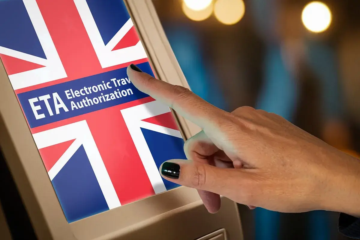 Dłoń dotyka ekranu z flagą Wielkiej Brytanii, gdzie widnieje napis "ETA Electronic Travel Authorization". To formularz na wjazd do Anglii.