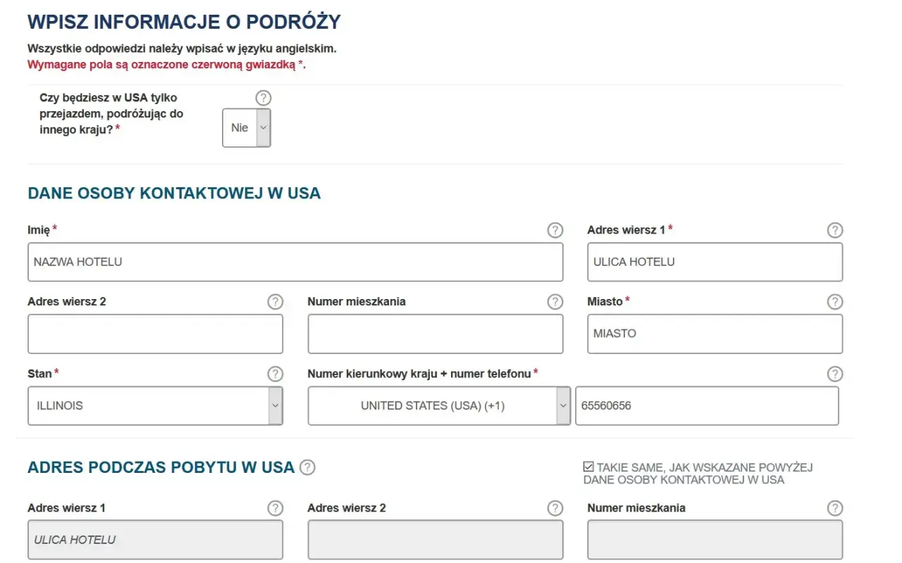 Formularz podróżny z polami do wpisania danych kontaktowych w USA, w tym adres, stan (Illinois) i numer telefonu. Wiza esta.