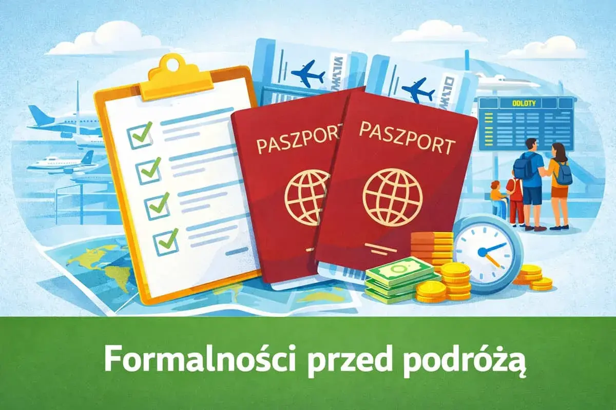 Paszporty, bilety i lista kontrolna do podróży po strefie Schengen. Rodzina czeka na lotnisku, obok zegar i pieniądze.