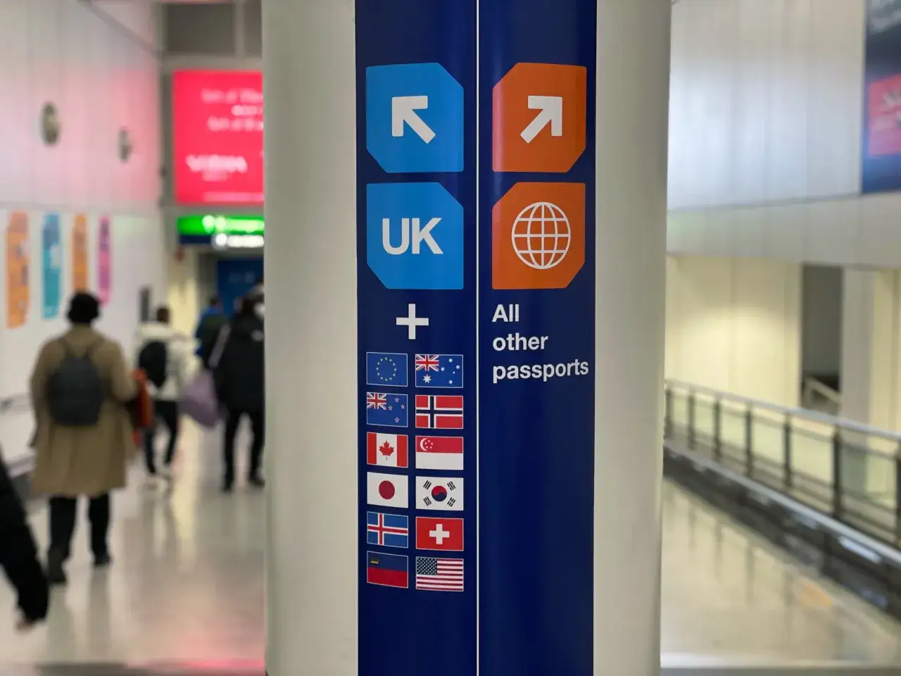 Znak informuje, czy do Szkocji potrzebny jest paszport. Pokazuje, że paszporty UK i innych krajów mają osobne ścieżki.