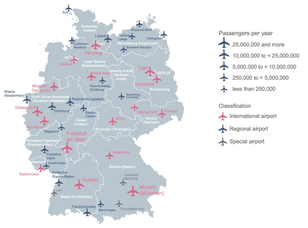 Mapa lotnisk w Niemczech z oznaczeniami, które pomogą znaleźć tanie loty z Niemiec.