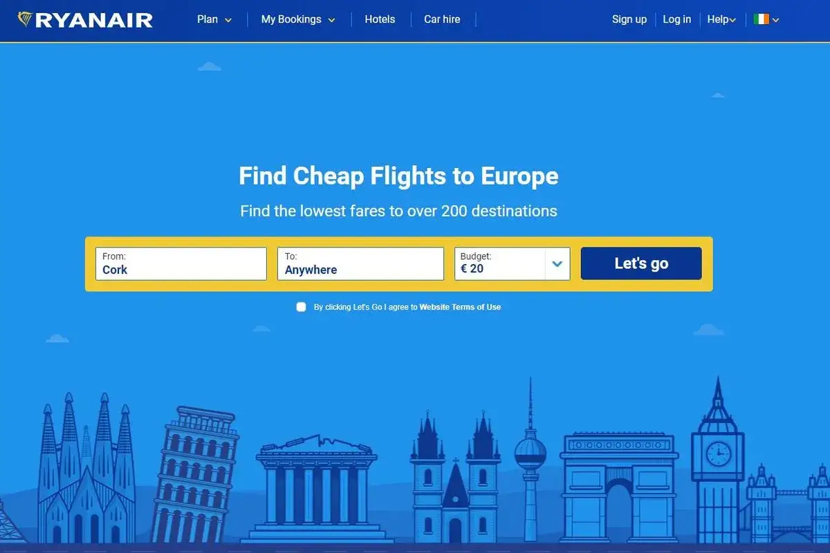 Strona Ryanair.com, szukaj tanich lotów. Sprawdź, kiedy są najtańsze bilety lotnicze Ryanair z Cork do dowolnego miejsca za 20€.