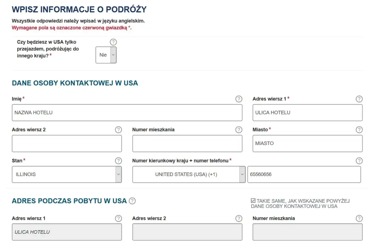 Formularz wizowy USA: dane kontaktowe i adres pobytu.