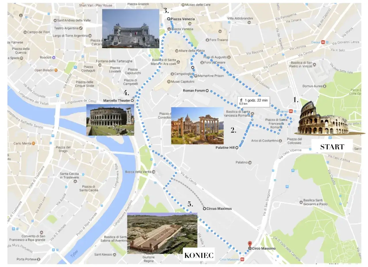 Trasa 4-dniowej wycieczki po Rzymie: Koloseum, Forum Romanum, Palatyn, Cyrk Maximus, Teatr Marcellusa.