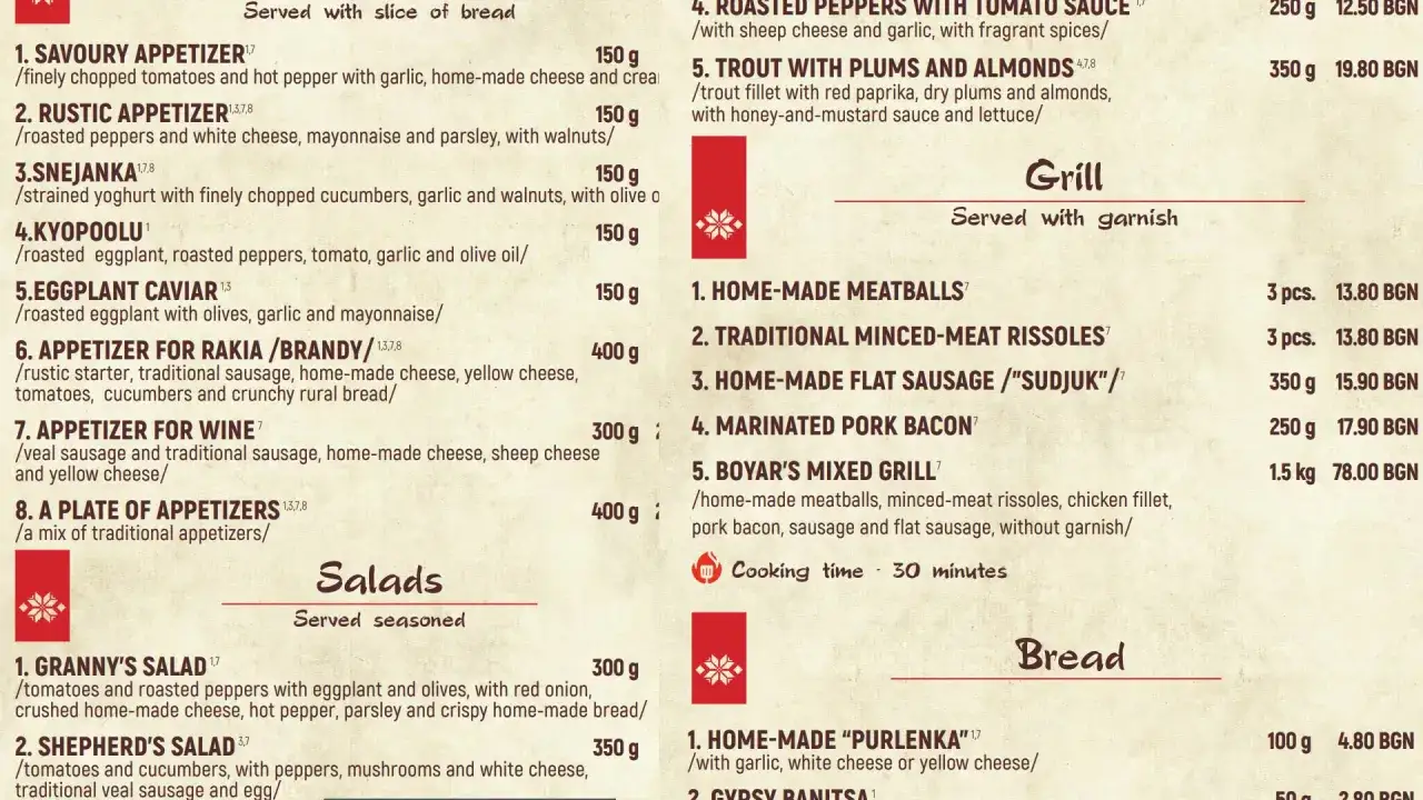 Menu z daniami i cenami w BGN. Przykładowe dania: sałatki, grill, pieczywo.