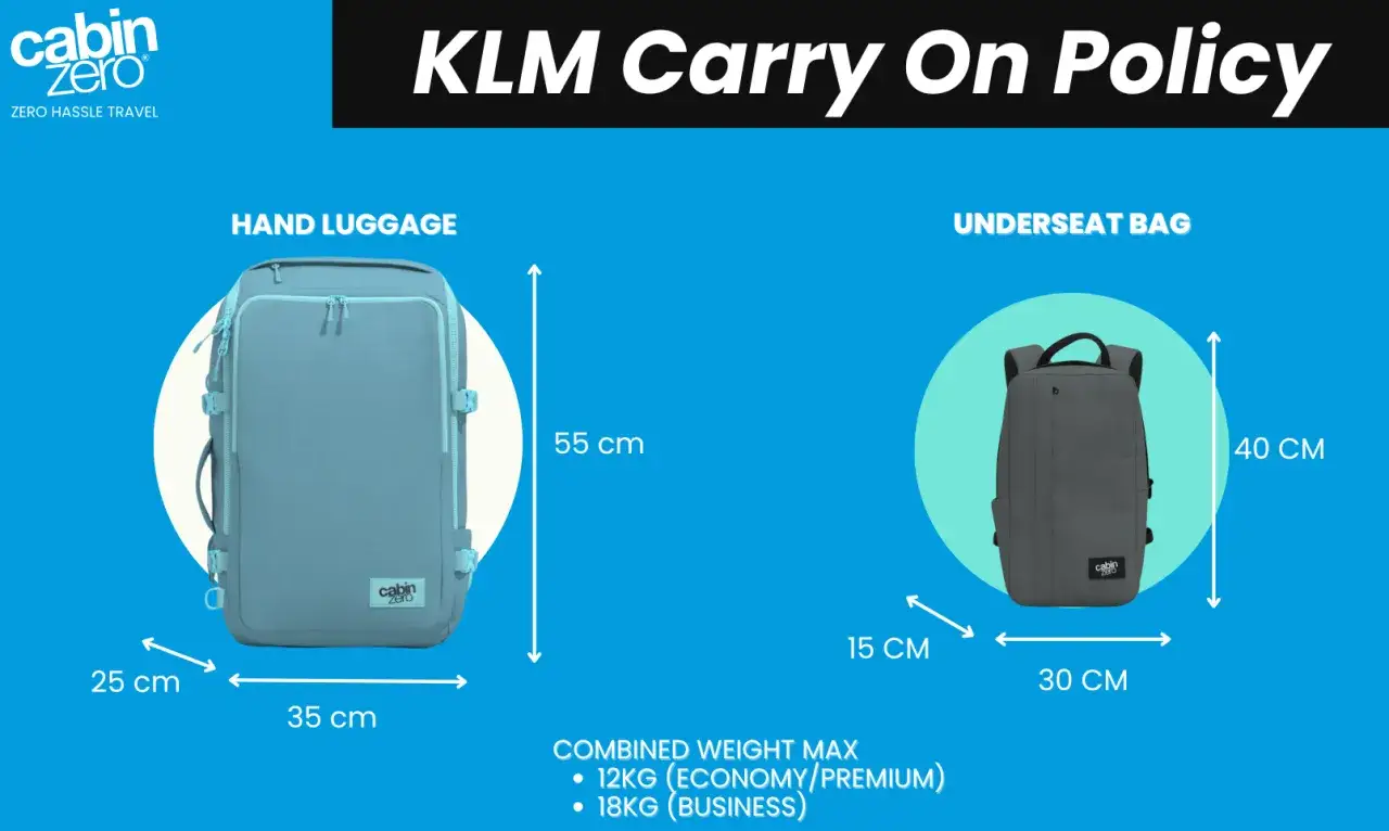 Wymiary bagażu podręcznego KLM: walizka 55x35x25 cm, torba pod siedzenie 40x30x15 cm.