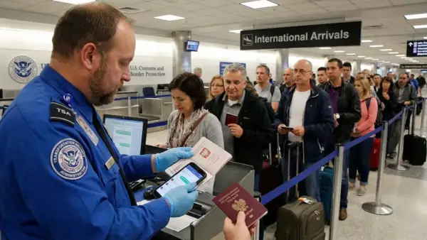 Funkcjonariusz TSA sprawdza paszporty i telefon w kolejce do odprawy. To typowa scena przy wjeździe do USA, gdzie obowiązuje deklaracja celna USA.