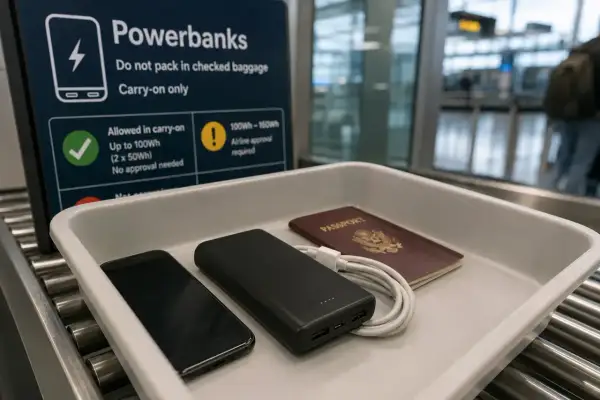 Na lotnisku, w tacce do kontroli bezpieczeństwa, leży czarny powerbank, telefon i paszport. Obok widoczna tablica informacyjna o zasadach przewozu powerbanków.
