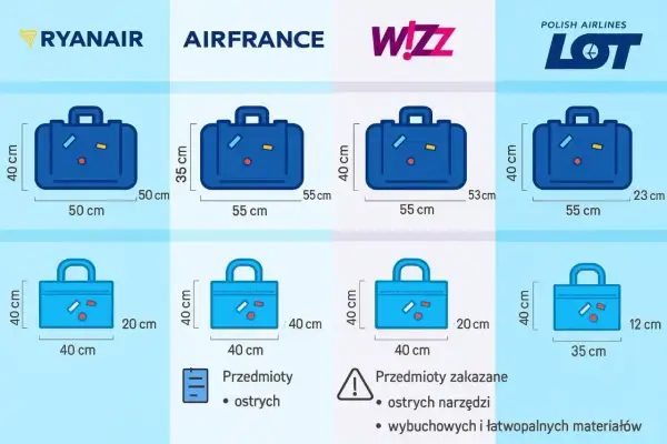 Porównanie wymiarów bagażu podręcznego i rejestrowanego różnych linii lotniczych, w tym Ryanair, Air France, Wizz Air i LOT. Sprawdź, jaki smartwings bagaż zmieści się w kabinie.