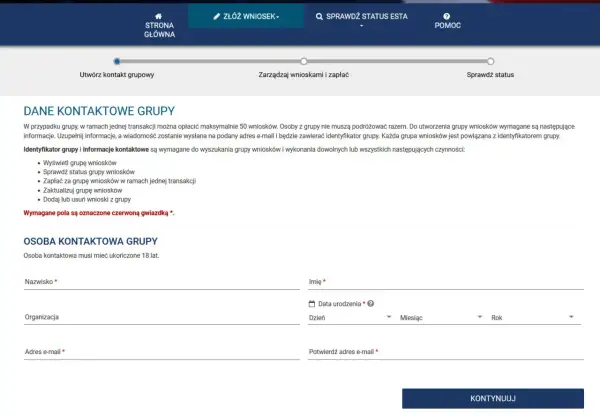 Formularz do utworzenia grupy wniosków. Wpisz dane kontaktowe osoby odpowiedzialnej za grupę, aby zarządzać wnioskami.