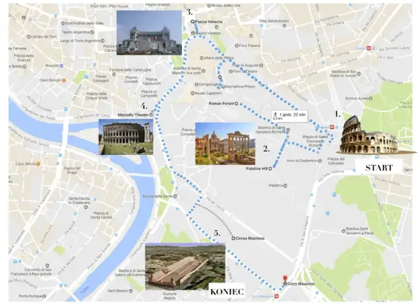 Trasa 4-dniowej wycieczki po Rzymie: Koloseum, Forum Romanum, Palatyn, Cyrk Maximus, Teatr Marcellusa.