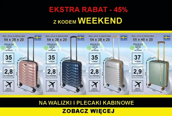 Walizki kabinowe idealne na podróż z Ryanair, Wizz Air. Bagaż podręczny w promocji z kodem WEEKEND.