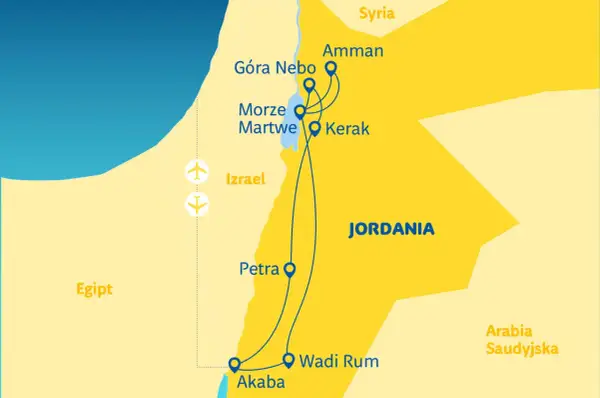 Trasa wycieczki do Jordanii: Amman, Góra Nebo, Morze Martwe, Kerak, Petra, Wadi Rum, Akaba. Mapa pokazuje też Izrael, Egipt i Syrię.