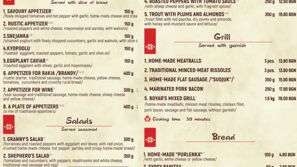 Menu z daniami i ich ceny w Bułgarii: sałatki, grillowane mięsa, przystawki.