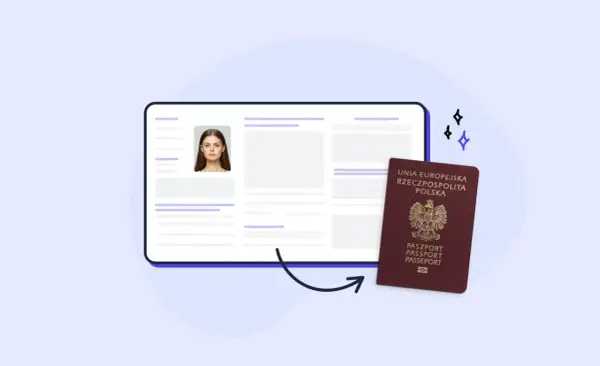 Dowiedz się, czy wniosek o paszport można złożyć online. Na ekranie widać zdjęcie kobiety i polski paszport.