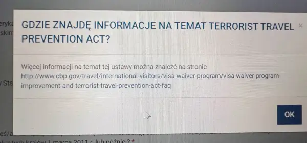 Gdzie znajdę informacje na temat Terrorist Travel Prevention Act? Tu jest link, esta ile się czeka na odpowiedź. OK.