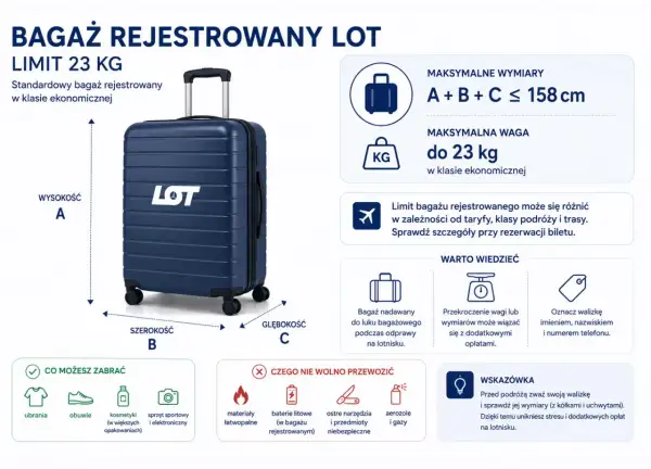 Bagaż rejestrowany LOT: limit 23 kg, wymiary 158 cm. Sprawdź zasady przewozu przed podróżą.