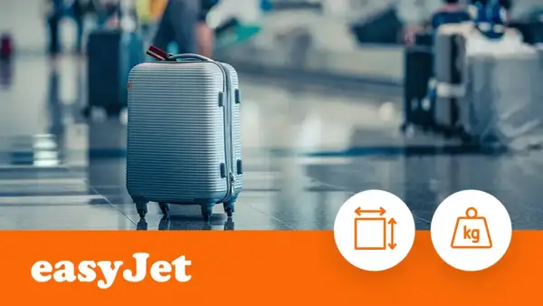 Szary walizka na kółkach, idealna jako easyJet bagaż podręczny. Obok ikony wymiarów i wagi.