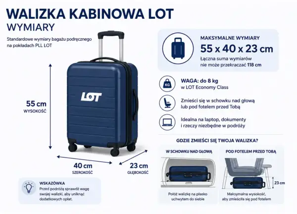 Granatowa walizka kabinowa LOT z uchwytem i kółkami. Wymiary: 55x40x23 cm, waga do 8 kg. Idealna na podróż.